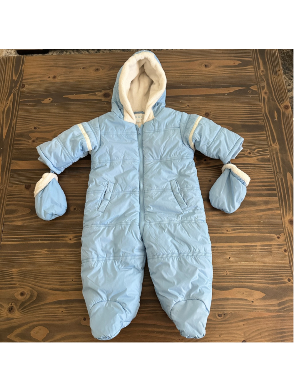 The Children's Place Baby 6-9M Blue Puffer Snowsuit Faux Fur Hood Mittens
